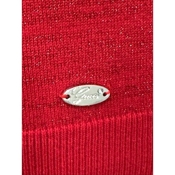 GUESS Red V Neck Long Sleeved Sweater Tunic Holiday Sparkle Stripes Size S - Picture 5 of 11